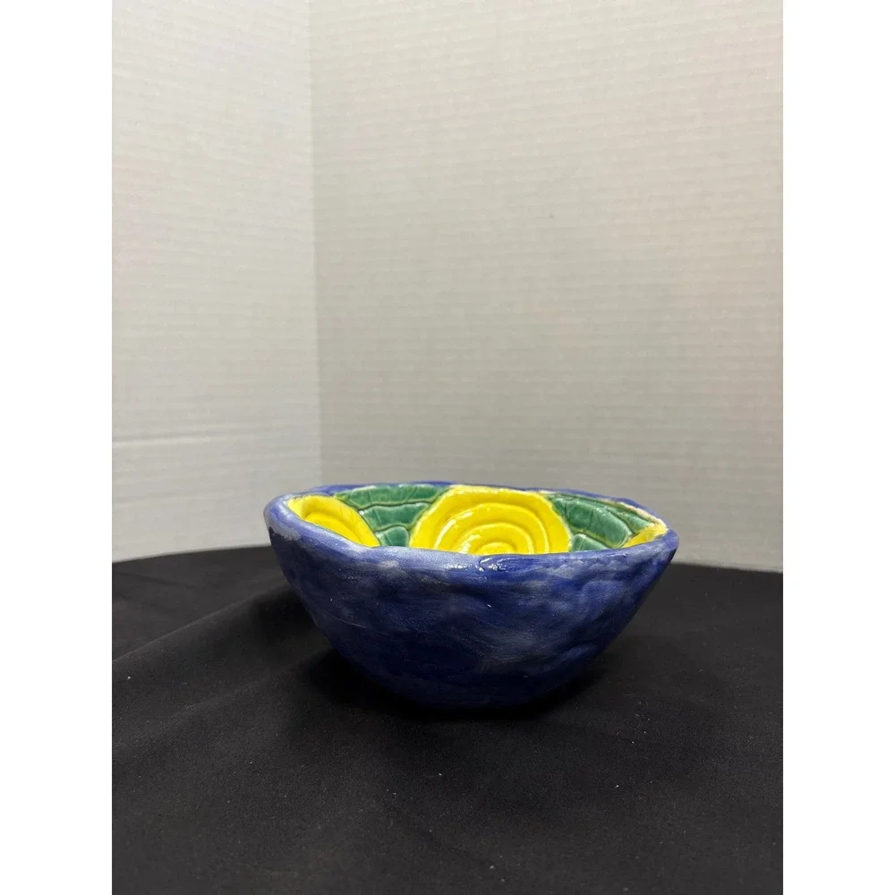 Handmade Ceramic Bowl - Colorful Trinket Dish, Blue Yellow Green Painted Pottery